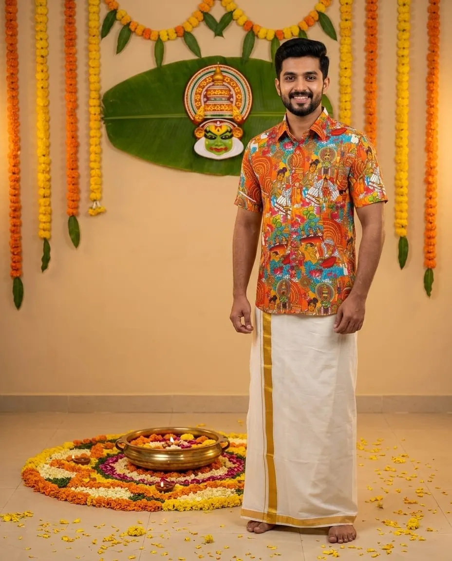 Kalamkari Orange Heritage Print Gold Kara Mundu Dhoti Set